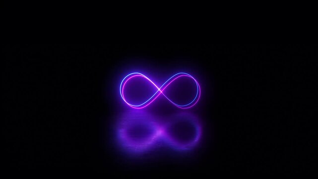 Neon glowing Infinity symbol icon video Animation on Black Background. infinity with reflection icon animation. Glowing infinity loop, neon energy flow in darkness. Eternity concept motion.