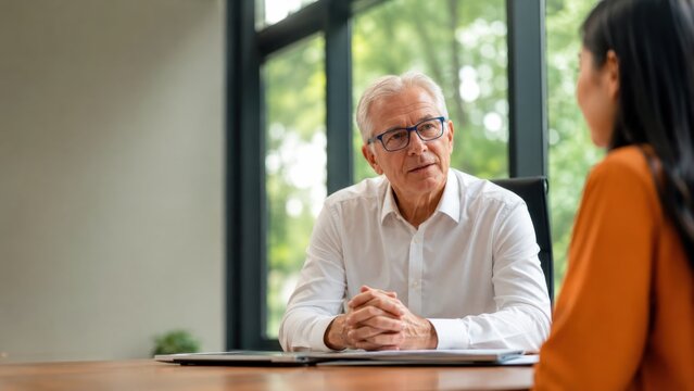 Senior man in glasses having a serious conversation with a young woman in an office setting.