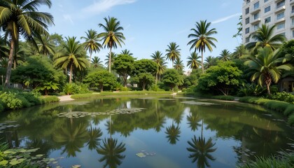 Obraz premium Beautiful Tropical Palm Tree Landscape with Calm Reflective Lake, Lush Green Nature Park, Serene Water Scenery, Sunny Blue Sky, and Peaceful Exotic Countryside Environment