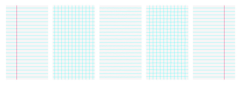 Set of notebook pages 9x16 aspect ratio with lined, grid and blank paper layouts, margins, portrait templates and planner sheets for school, journaling, collage and stationery design.