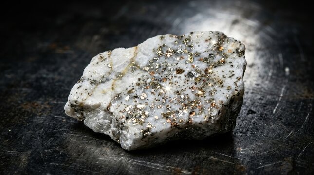 Rough white marble rock specimen with embedded sparkling metallic ore and pyrite inclusions, positioned on a dark textured steel surface with dramatic studio lighting.