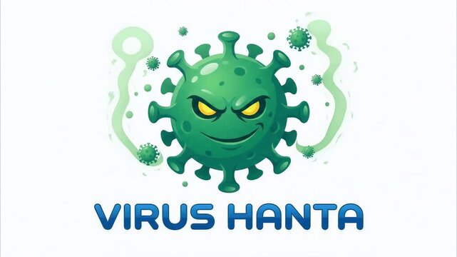Hantavirus animation concept showing a green cartoon virus character with glowing yellow eyes in digital motion video footage clip