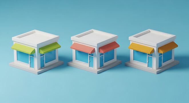 Isometric 3D rendering of three miniature retail shop store buildings with colorful awnings for small business and franchise concept real estate building business isometric miniature franchise