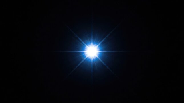 Single bright celestial star with intense white light core and eight-pointed blue diffraction spikes glowing against a dark pitch-black background in deep outer space.