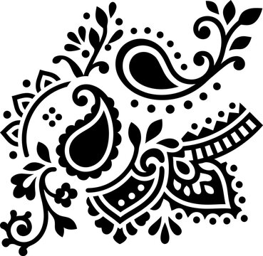 Intricate paisley floral motif in black silhouette against a white background symbolizing traditional design and decorative elements