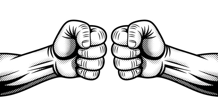 Two black and white comic style fists bumping on a white background fist bump hands