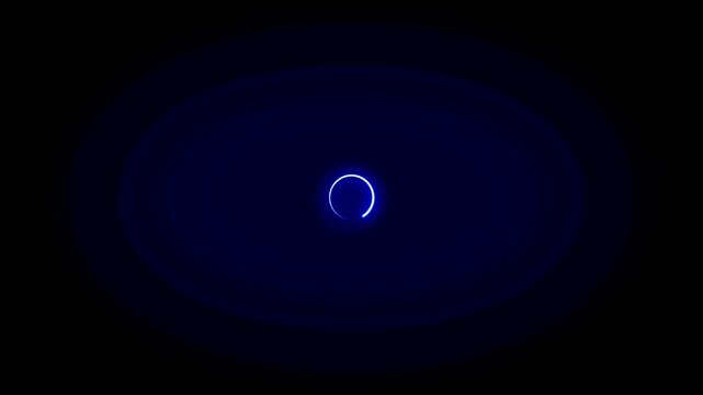 Blue neon loading spinner rotates smoothly in the center of a dark vignetted background.