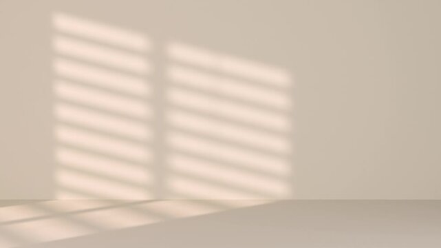 Soft sunlight and window shadow moving across beige wall and floor. Minimal interior background with natural light, cozy atmosphere and aesthetic modern home design concept.