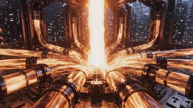 Nuclear reactor core generates immense energy through controlled fusion processes inside a high-tech facility.