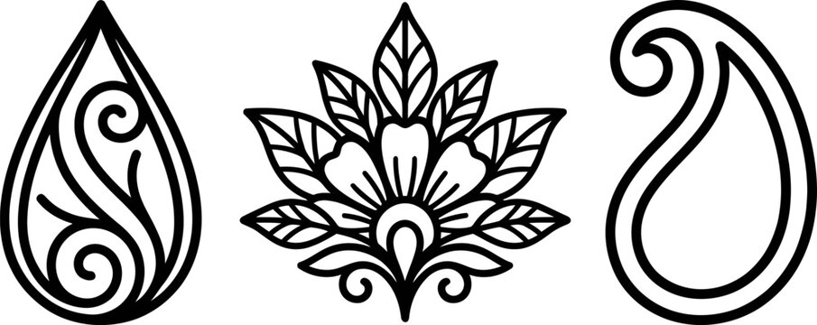 Outline paisley and floral motifs in black on white background for design elements