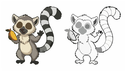 A playful vector illustration of a lemur isolated on a solid white background with both colorful and outline versions included. Features a smiling lemur with fluffy fur, long striped tail, and express © MdRiazul