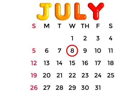 July 8, 2026 calendar in yellow and red on a white background