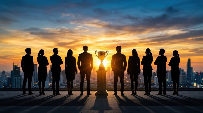 Successful business team standing with trophy silhouetted against city skyline at sunset