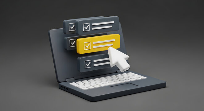 3D laptop screen displaying a to-do list with a cursor selecting a highlighted task for productivity management computer checklist management productivity business interface technology