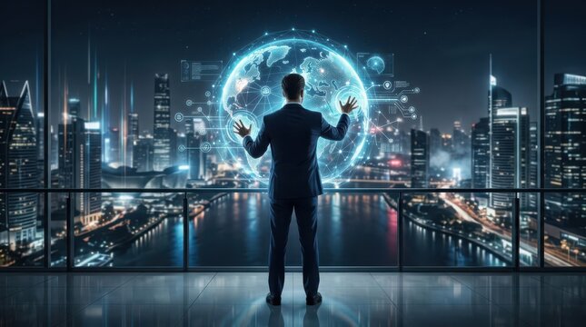 Businessman interacting with holographic globe displaying data analytics over city skyline at night
