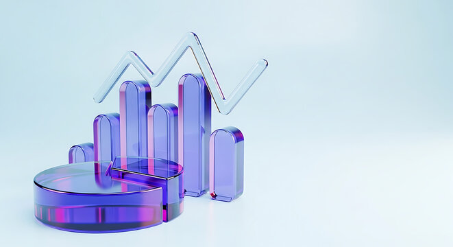 Glassy translucent 3D business charts including pie chart bar graph and trending line for financial data analysis with business visualization statistics analytics transparent professional