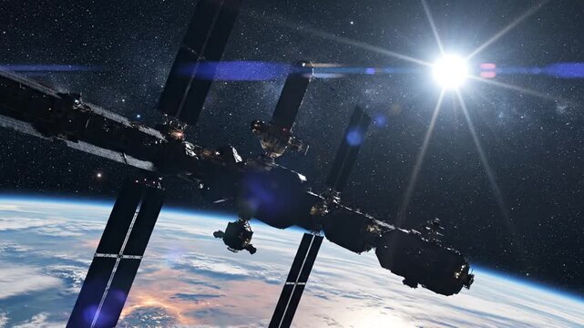 A large space station orbits above a glowing planet in deep space