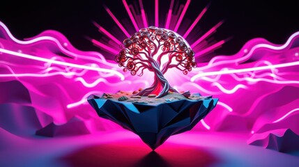 Fototapeta premium Vibrant tree atop floating platform. Neon lights radiate behind, creating dramatic, futuristic scene. Dark background emphasizes glowing elements.