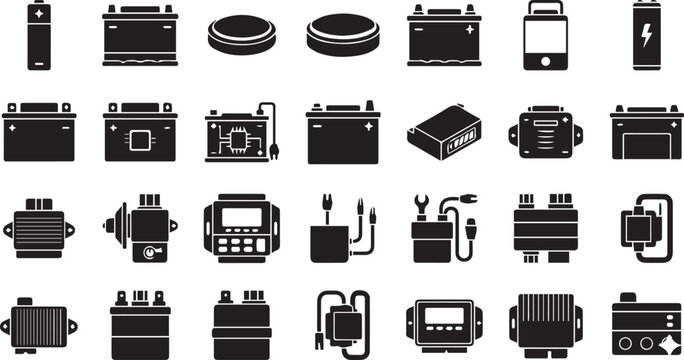 Vehicle Battery and CDI Unit Icon Set Automotive Ignition and Power Silhouettes