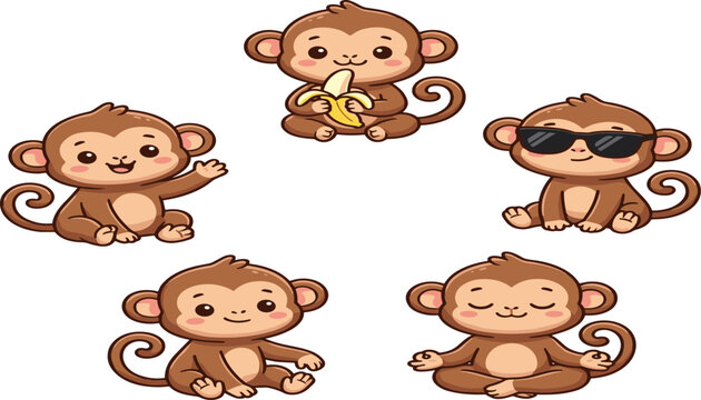 Cute Chimp and Baby Monkey Vector Character Set with Diverse Emotions Eating Banana and Wearing Sunglasses for Kids Designs