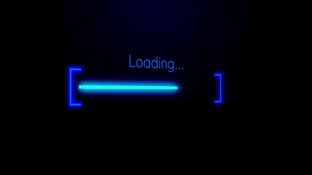 Blue neon loading bar fills horizontally inside brackets on a dark perspective grid background.