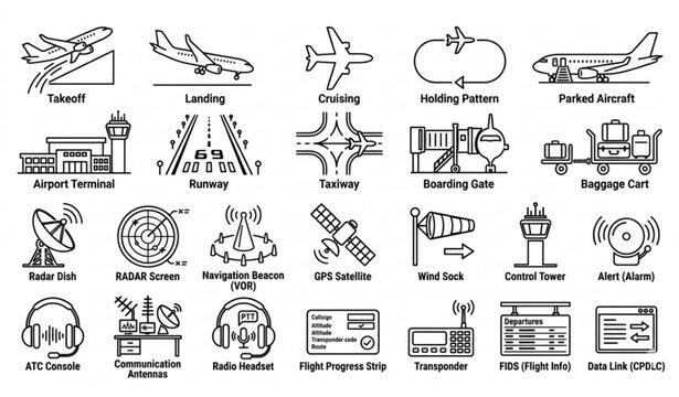 Airport Operations and Air Traffic Control Icon Set Vector