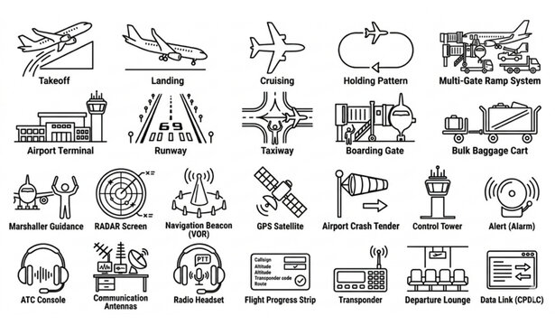 Airport Operations and Air Traffic Control Icon Set Vector
