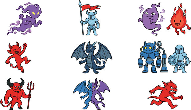 Fantasy Game Monster and Warrior Vector Character Set with Dragon Devil Knight Robot Ghost and Demon for RPG Interface Designs
