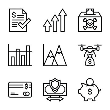 Modern financial and investment icons set featuring growth charts security and savings symbols