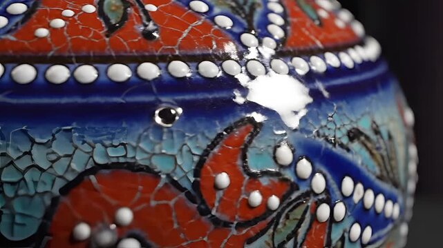Closeup of a damaged colorful ceramic vase with intricate patterns.