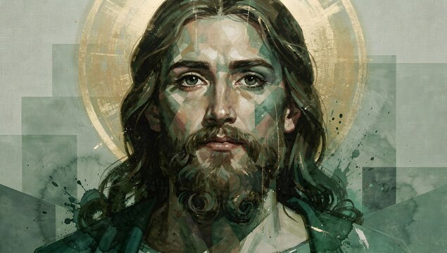 green abstract portrait art of jesus 