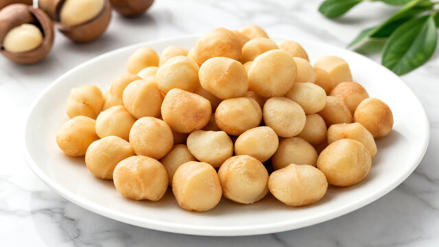 A close-up view of delicious macadamia nuts piled on a white plate, showcasing their creamy texture and appealing appearance.