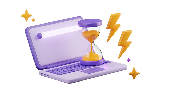 Laptop with hourglass on keyboard and lightning bolts symbolizing fast processing and efficient time management hourglass efficiency productivity technology computer deadline progress