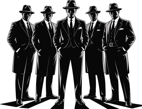 Group of Five Men in Vintage Suits and Hats with Shadows