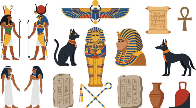 Ancient Egypt Culture and Mythology Vector Element Set with Pharaoh Sarcophagus Gods Anubis Hieroglyphics Papyrus and Bastet Cat for History History Designs