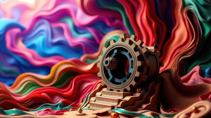Obraz premium Abstract colorful waves surround metal gear. Dramatic lighting creates vibrant, surreal scene. Complex textures, fluid forms dominate composition.