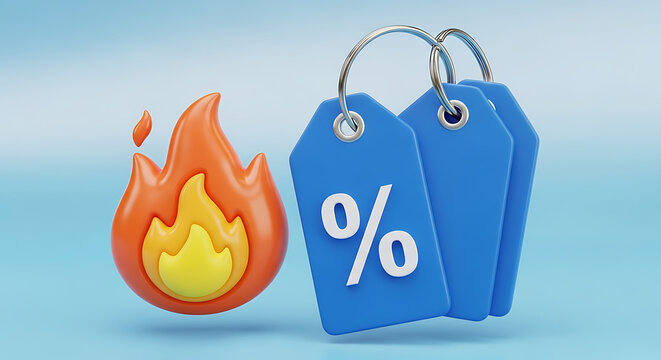 3D render of fire icon and price tags with percentage symbol for hot sale and discount offer price tag limited time price reduction percentage off e commerce shopping deal web element discount