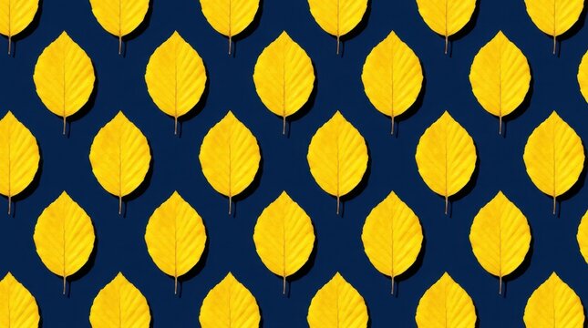 Repeating pattern of bright yellow beech leaves arranged in a diagonal grid on a dark navy blue background, showcasing autumn foliage with detailed leaf veins and hard shadows.