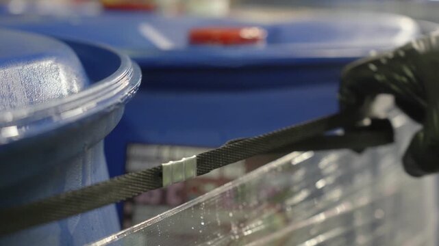 A gloved worker's hand checks a securing strap on a wrapped pallet of blue drums