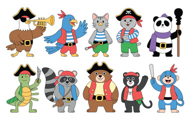Animal pirate crew characters panda rabbit sloth goose mantis vector illustration © MDRifat