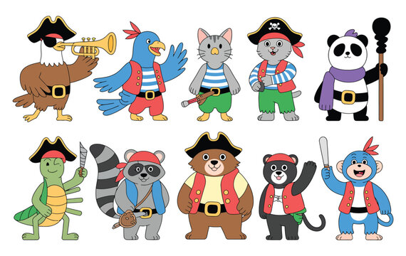 Animal pirate crew characters panda rabbit sloth goose mantis vector illustration