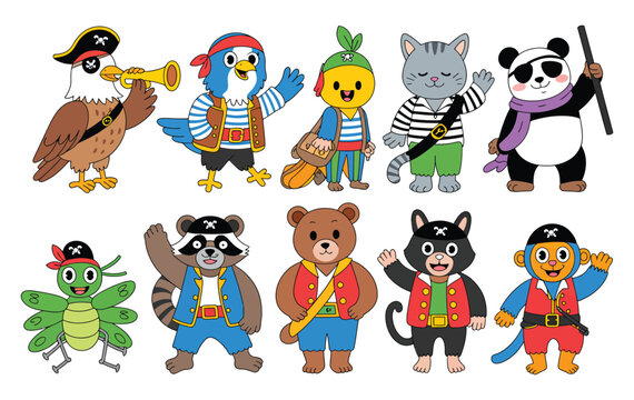 Cartoon animal pirate characters eagle hedgehog penguin cat panda rabbit vector illustration