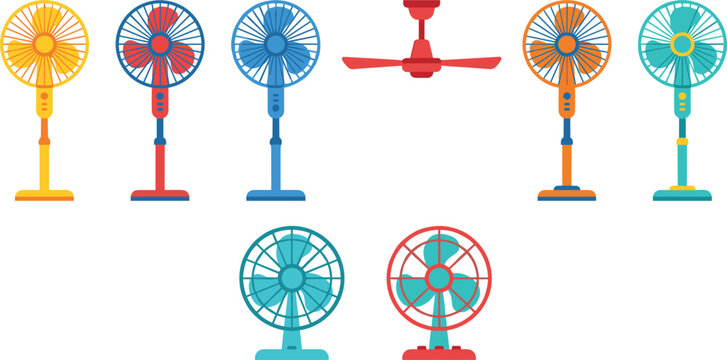 Electric Cooling Fan Vector Icon Set with Various Colorful Stand Fans Ceiling Fan and Vintage Table Fans for Summer Graphic Designs