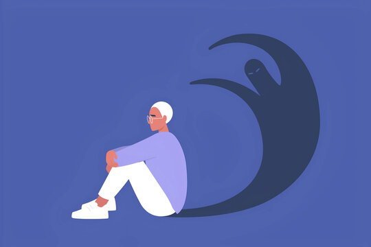 Illustration of Person Haunted by Dark Ghost Shadow Concept of Fear Anxiety and Phobia