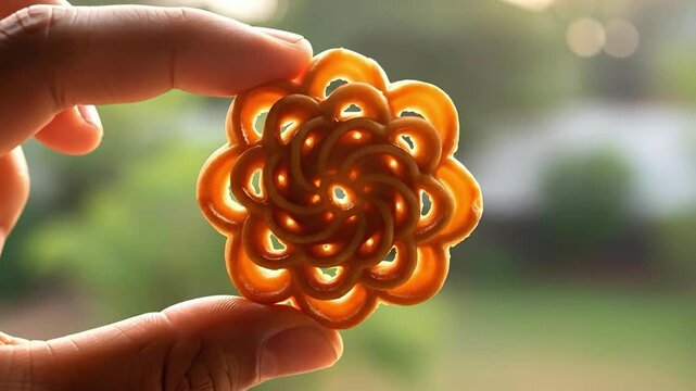 Hand holding a delicate flower shaped butter cookie against a sunny blurred background representing artisanal bakery snacks and gourmet food photography concepts