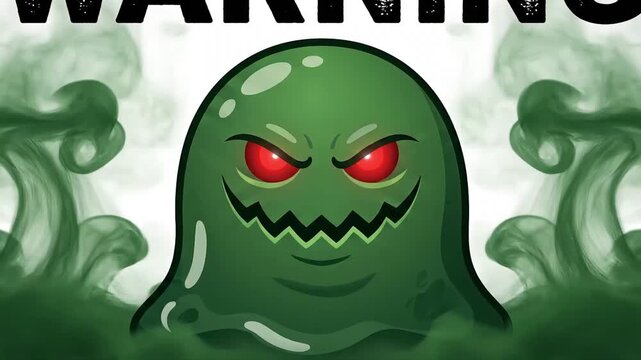 Hantavirus warning sign featuring a scary green monster character with red eyes and toxic smoke animation video motion background