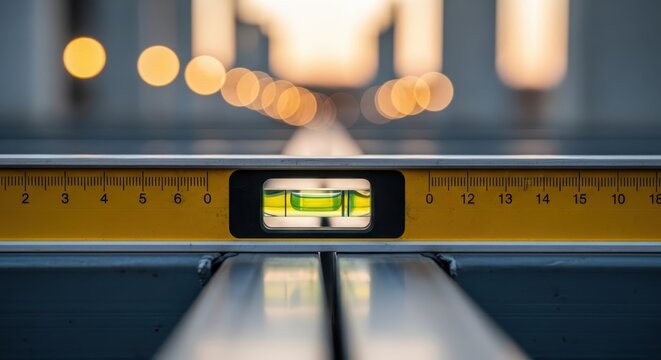 Close up macro shot of a yellow spirit level tool with a green bubble indicating perfect horizontal alignment on metal rails, with blurred bokeh lights in background.