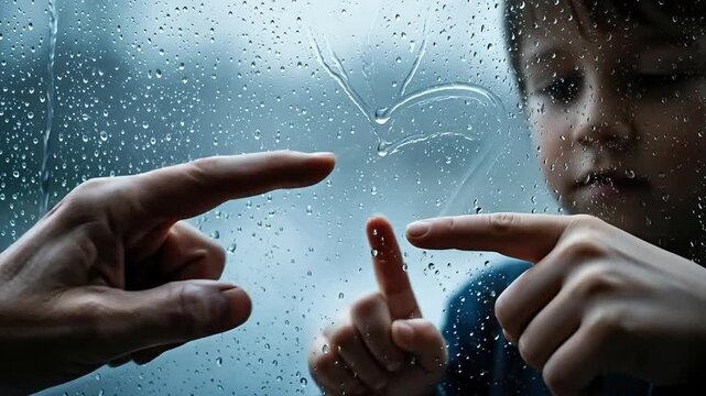 Adult and child fingers touching through a rainy window pane representing connection longing separation and family bond during isolation or distance