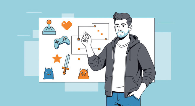 Game developer works on project, illustrating game design elements on screen