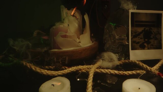 Dolly in of a macabre occult altar with burning candles in a smoke filled room